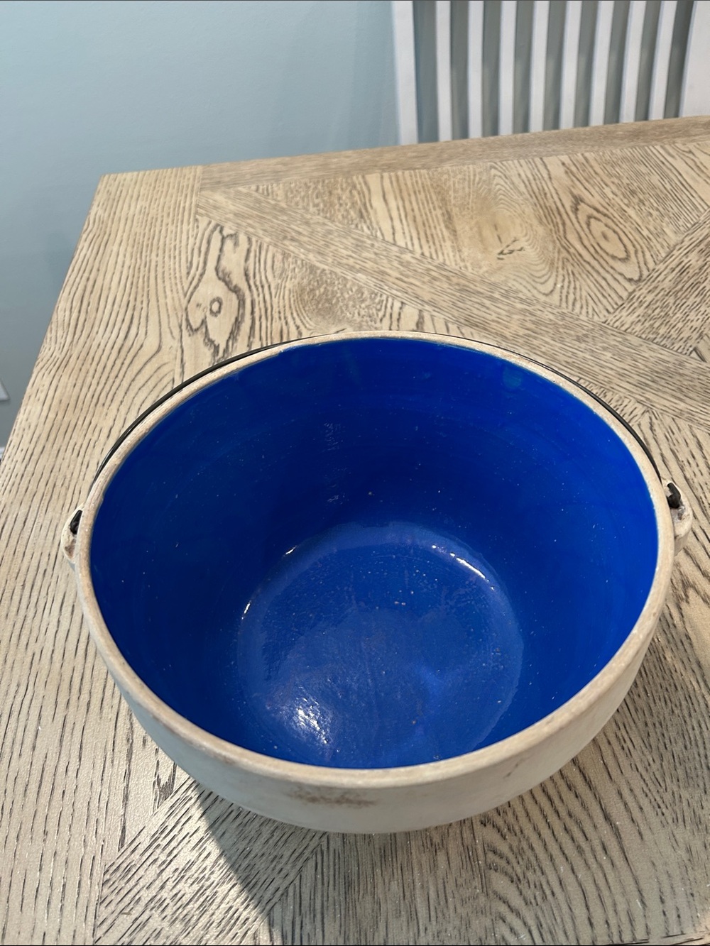 Vintage Ideal blue glazed crock with metal handle